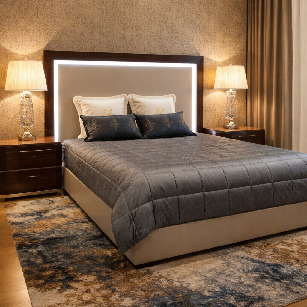 Dormitorio barroco con tonos metalizados — diseño de lujo por Mónica Cepedello