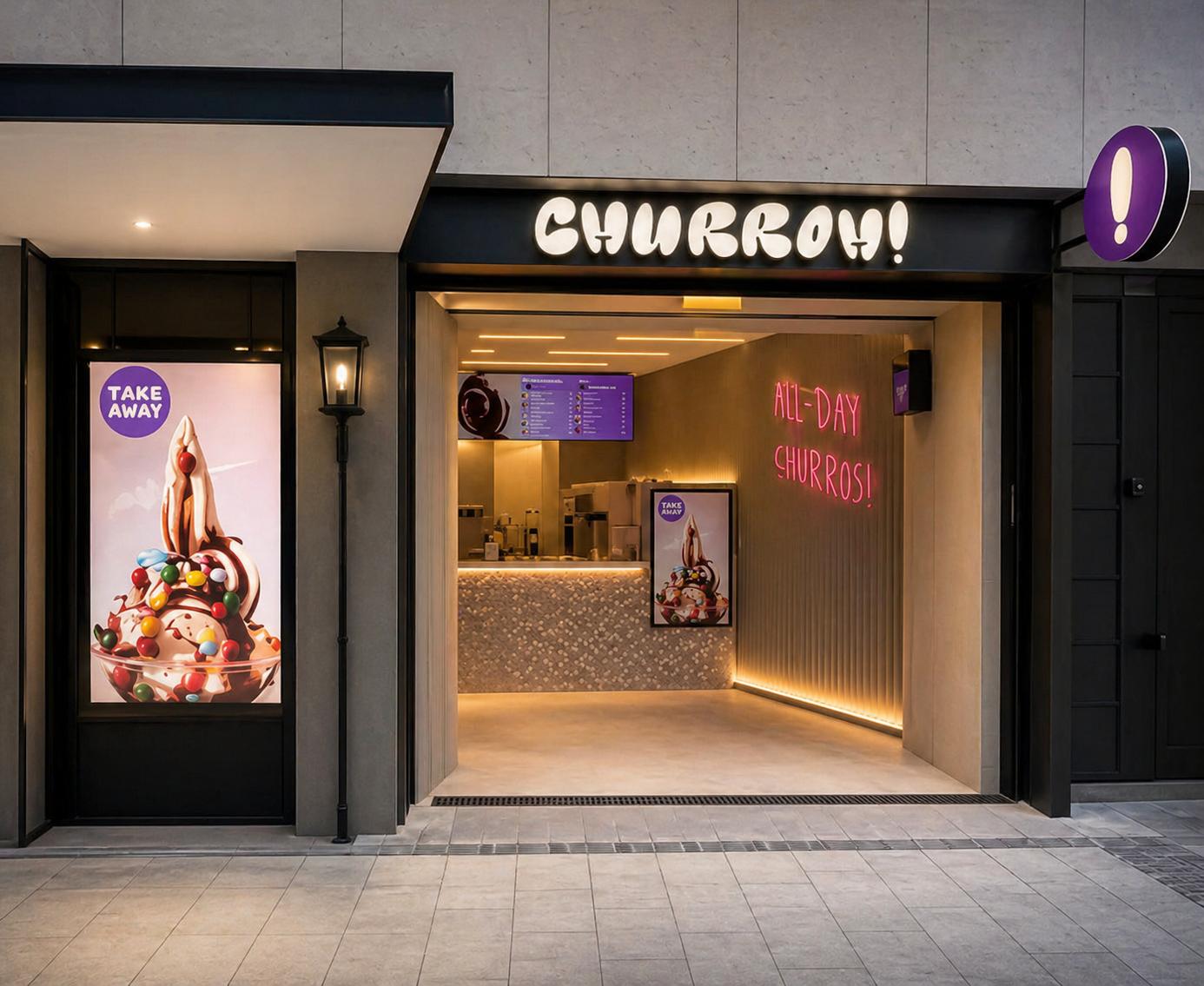 Fachada tienda ChurrOh! en Plaza de España — diseño de local a pie de calle por Mónica Cepedello